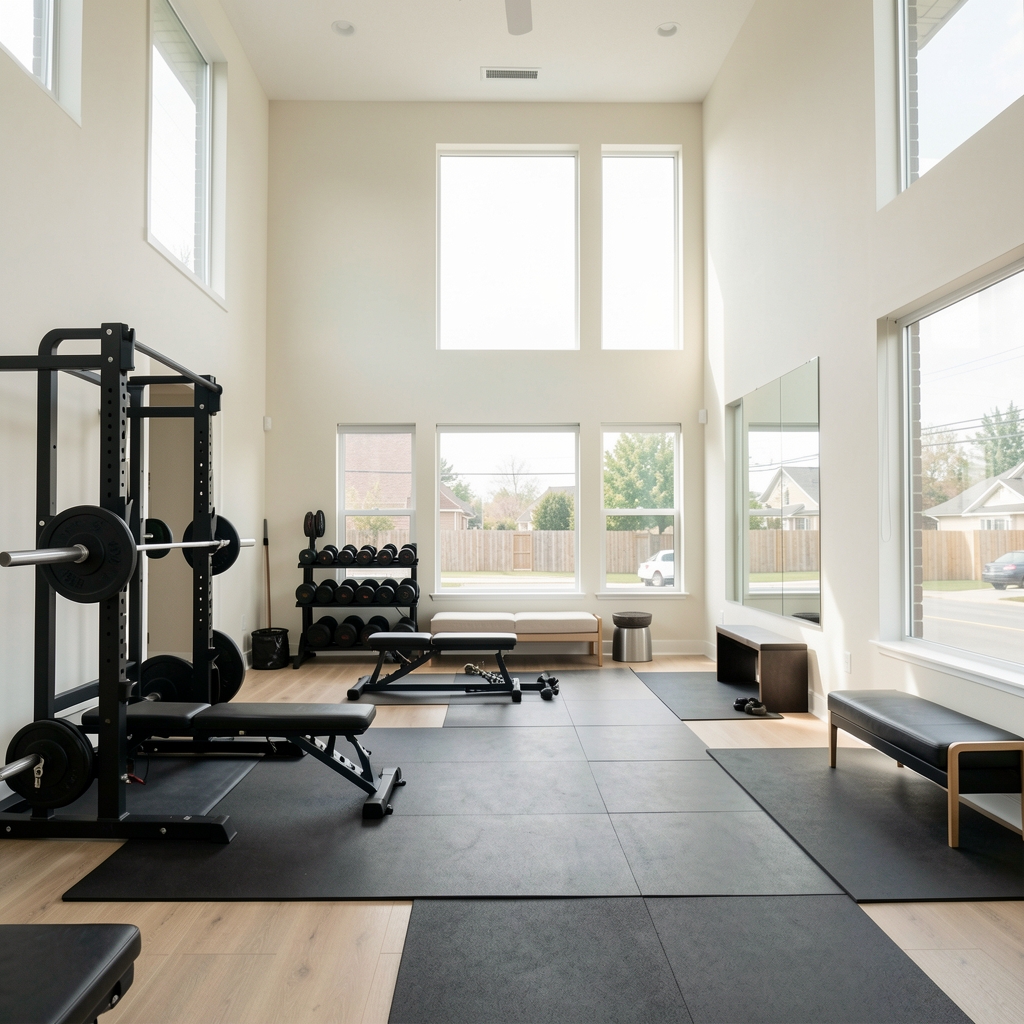 Wide angle view of the Arlonev training space in Brussels, Saint-Gilles — open floor, neutral walls, morning light entering from street-level windows