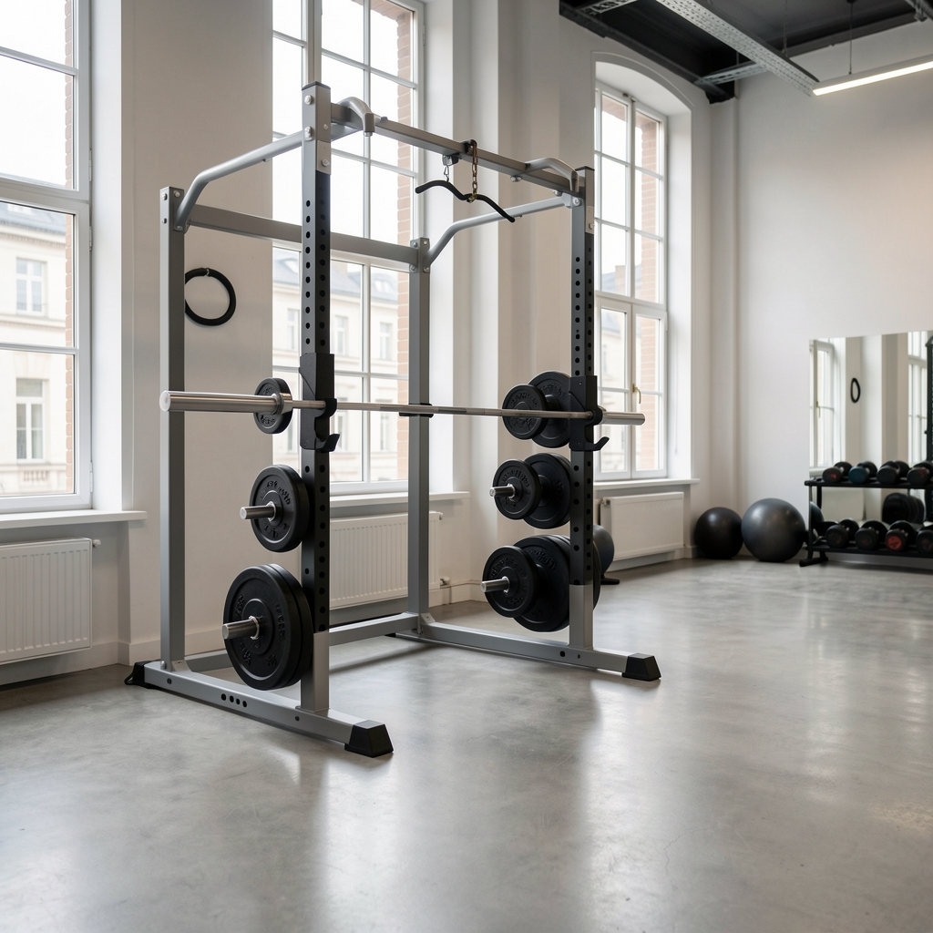 Brussels personal training studio interior with clean barbell rack, natural light through tall windows, and polished concrete floor