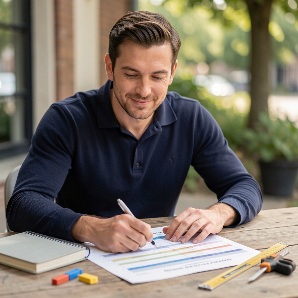 Coach reviewing a printed periodised training plan laid flat on a wooden table beside a notebook and measuring tools in a Brussels studio