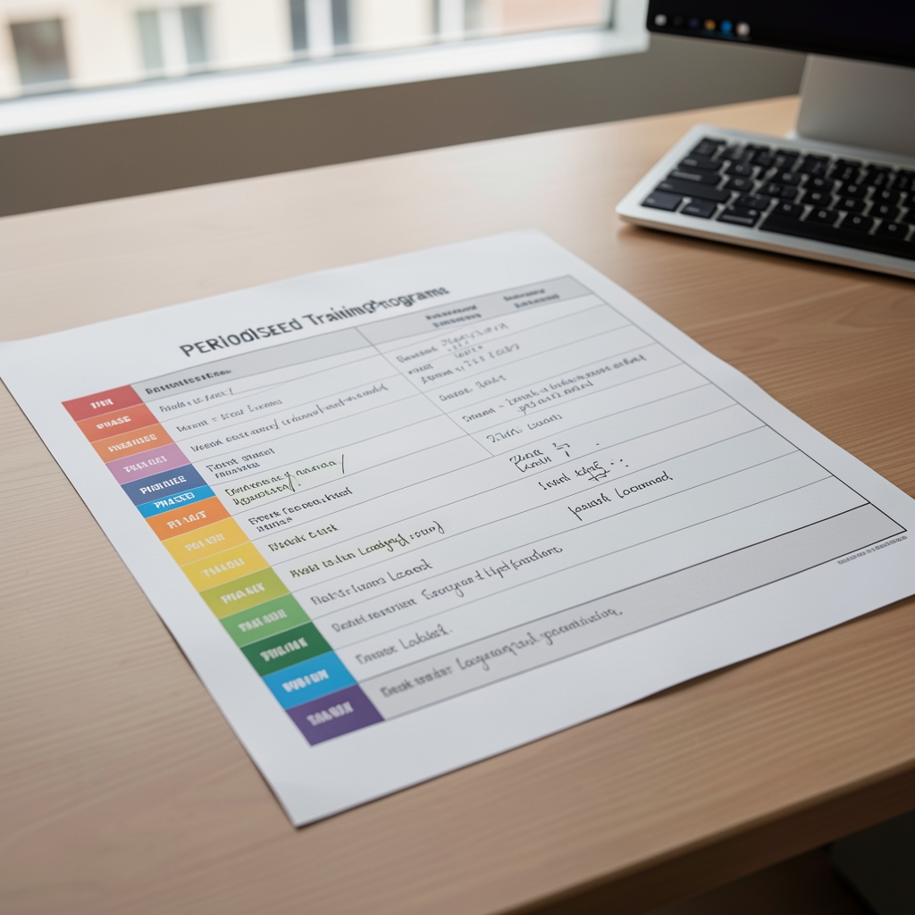 Printed periodised training programme laid flat on a desk with coloured phase markers and week-by-week loading notes visible, Brussels studio