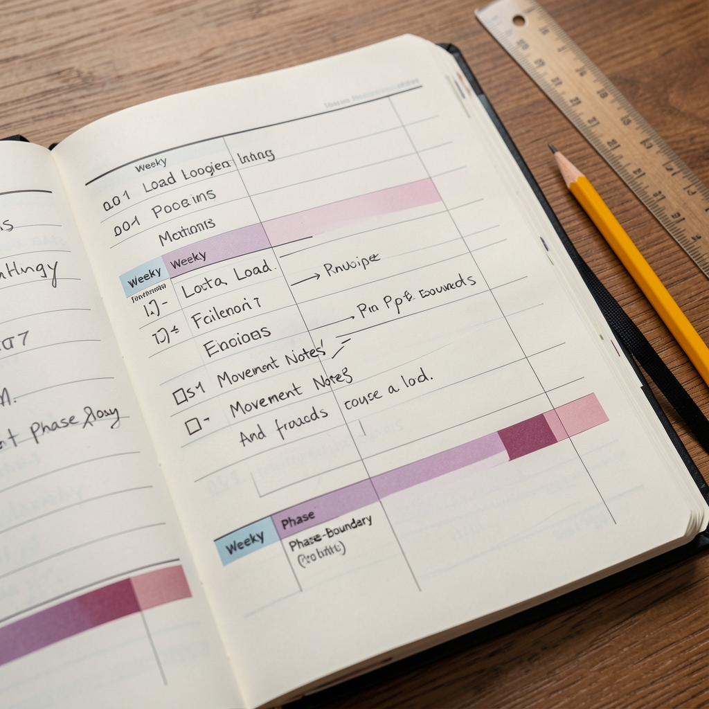 Close-up of an open training logbook showing weekly load progressions, movement notes, and phase-boundary markers with a ruler and pencil beside it