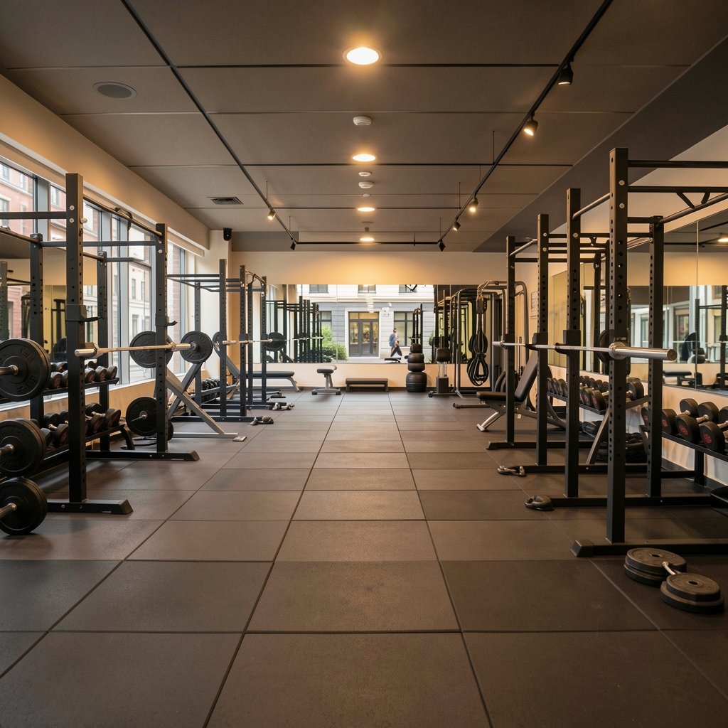Brussels training studio wide-angle view showing a fully equipped strength floor with barbells, racks, and conditioning equipment under warm overhead lighting