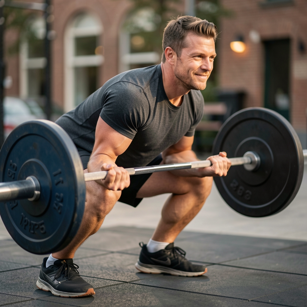 Coach and participant working through a barbell back squat during a one-to-one session on a rubber-floored platform in Brussels